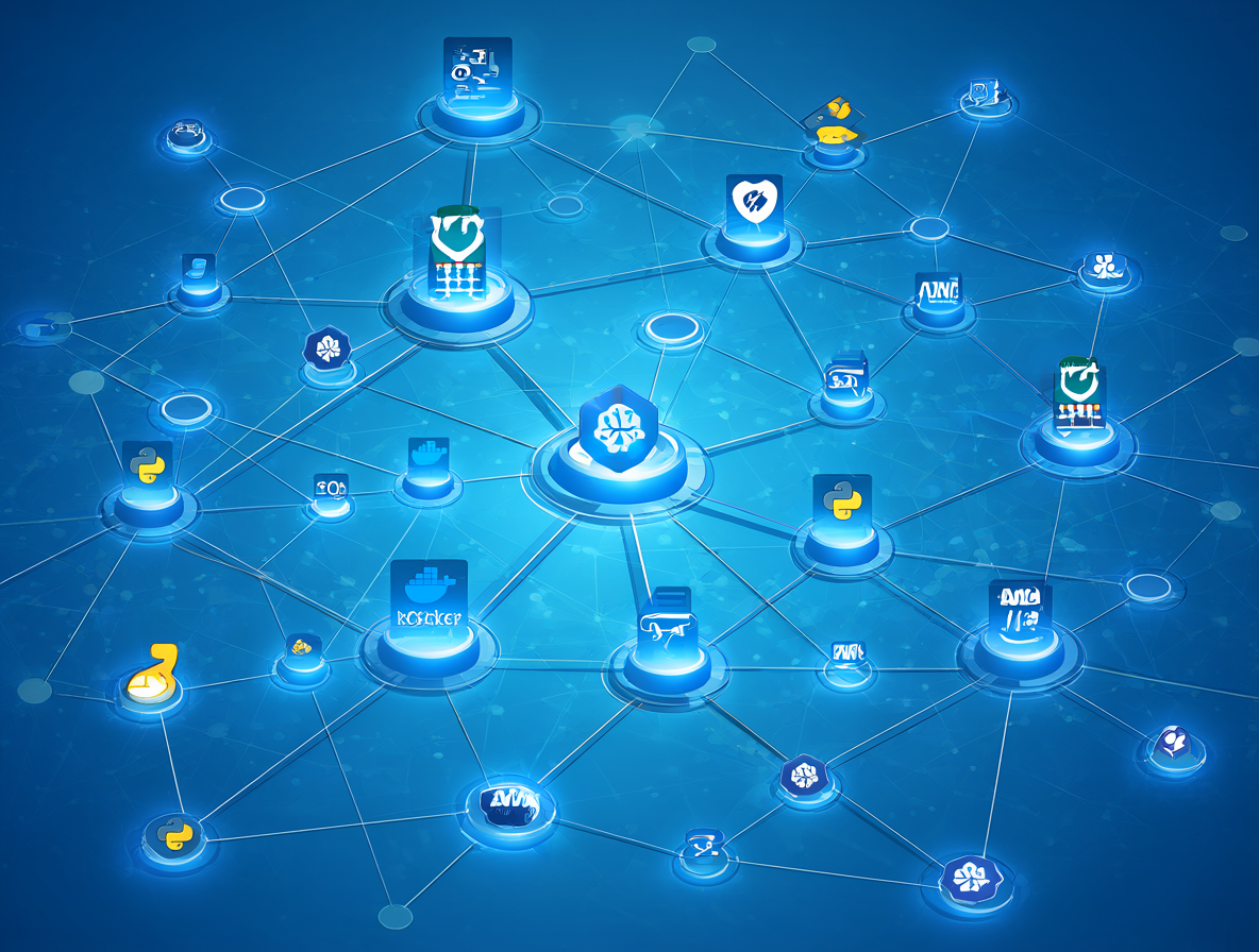 Gráfico conceptual de una red de datos interconectada con iconos de tecnologías IT