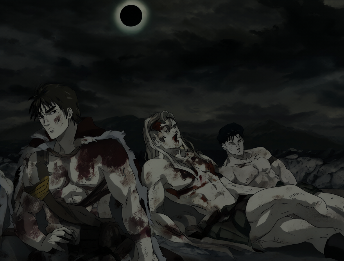 Guts y Casca heridos bajo el Eclipse en el anime Berserk
