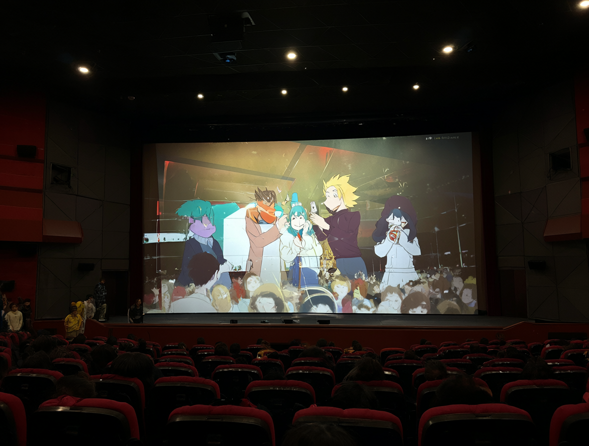 Espectadores confundidos viendo la primera parte de FLCL en un cine