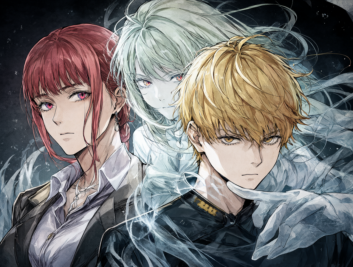 Illustration of Makima and Denji with the spirit of Nayuta appearing behind them.