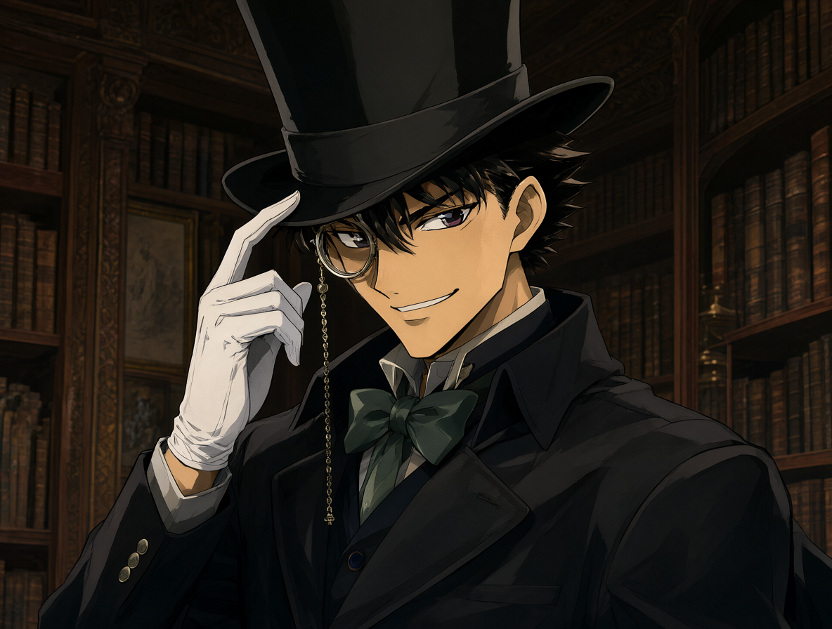 Retrato del ladrón Kaito Kid en su traje clásico sobre un fondo de biblioteca