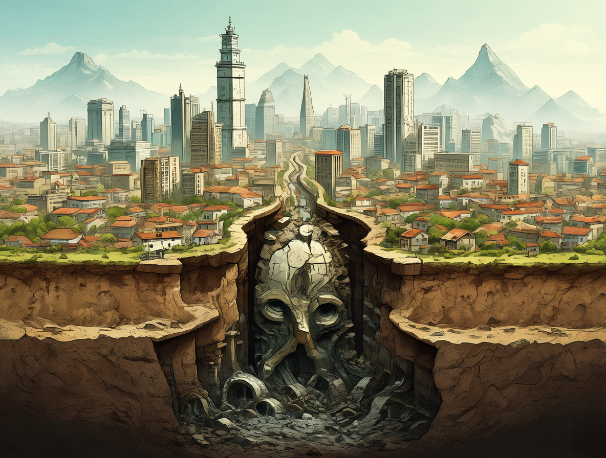 Ilustración conceptual de un mundo oculto revelándose bajo una ciudad