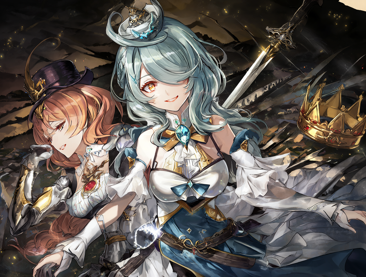 Ilustración de anime con Leina y Annelotte en un entorno de fantasía.