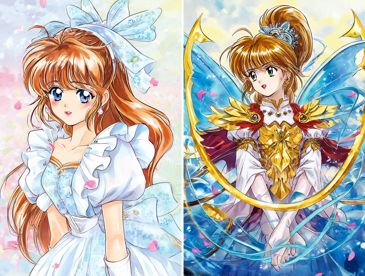 Ilustración mostrando a los protagonistas de Magic Knight Rayearth y su secuela.