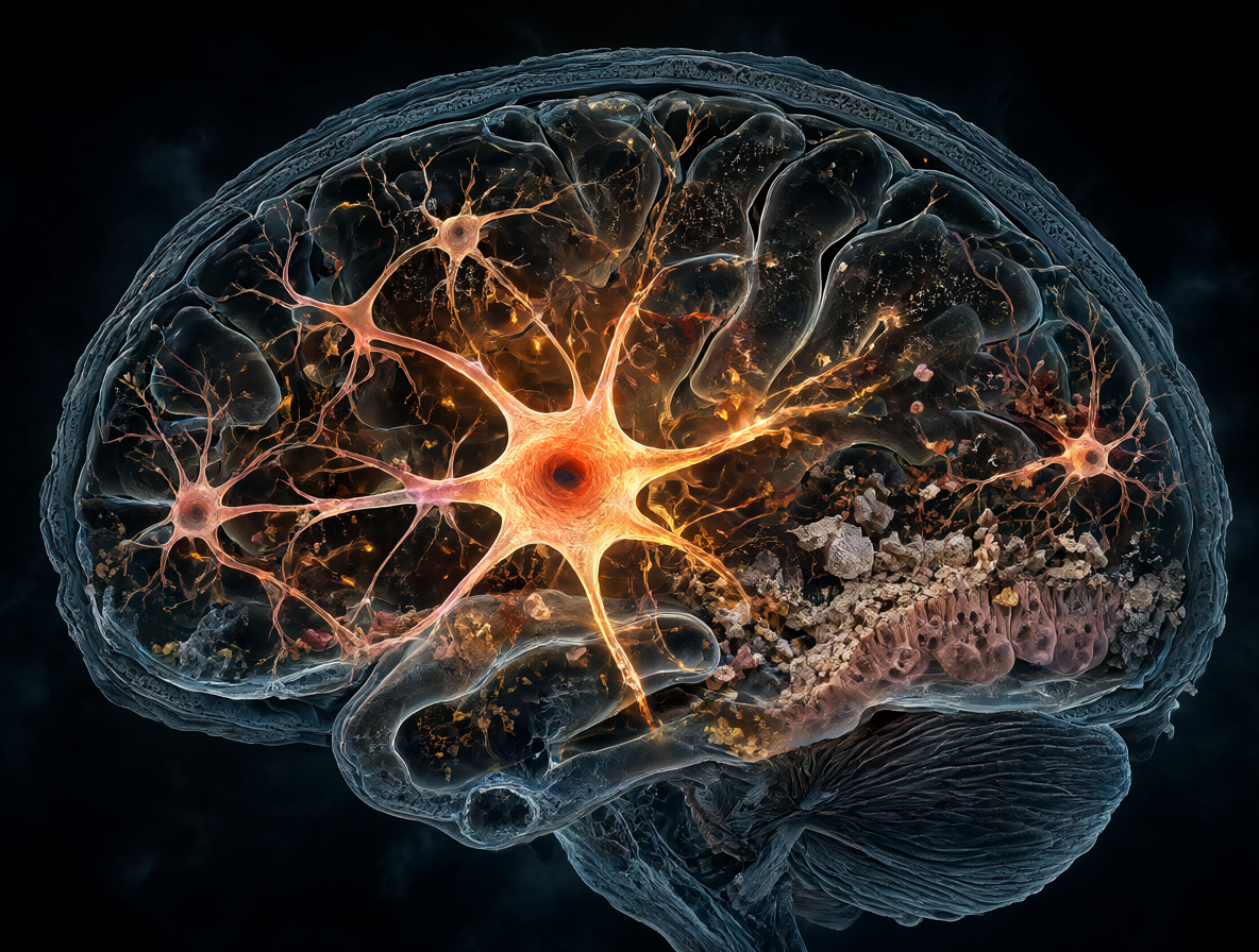 Diagrama anatómico mostrando el recambio celular en el cerebro y el intestino