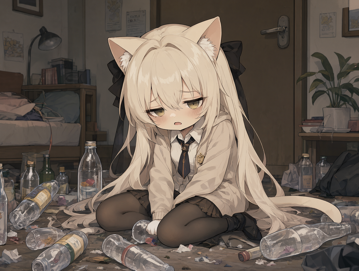 Ilustración de la protagonista Yaniko sentada en un suelo desordenado rodeada de basura y objetos abandonados, con una expresión cansada y autodestructiva.