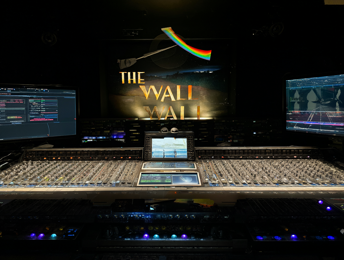 Estudio de audio profesional con equipos de mezcla surround y arte del álbum The Wall.