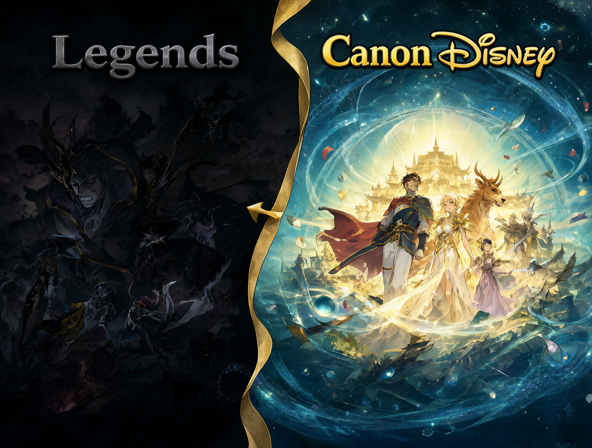 Diagrama mostrando la división de una línea temporal en dos caminos opuestos, Legends y Canon Disney