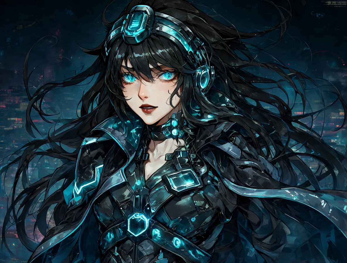 Retrato estilizado del personaje principal de Exaella con estética cyberpunk