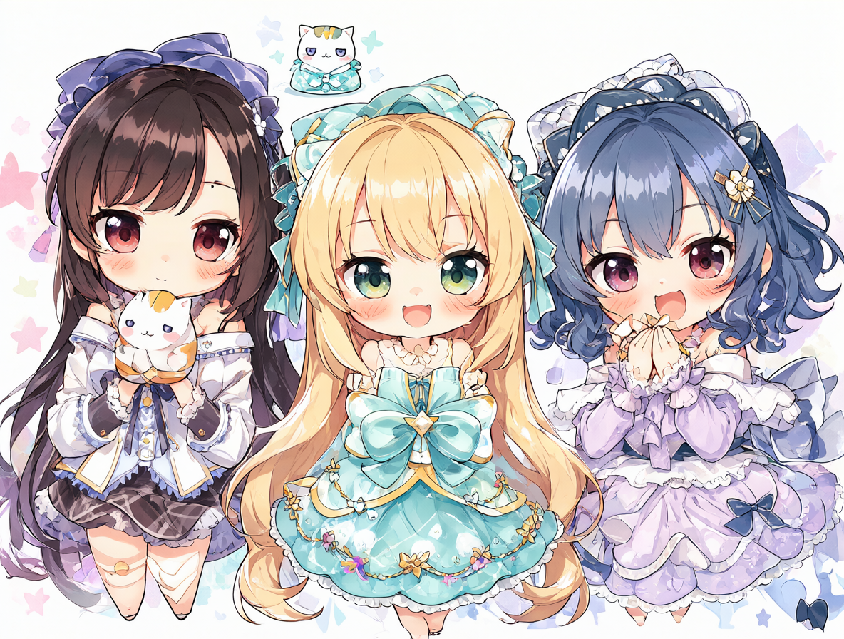 Tres idols femeninas con sus mascota chibi