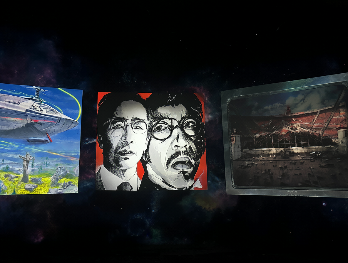 Collage mostrando al director Ushio Tazawa, Kunio Okawara y una nave espacial de ciencia ficción relacionada con el tráiler de 7 minutos del proyecto Ichirin-sha.