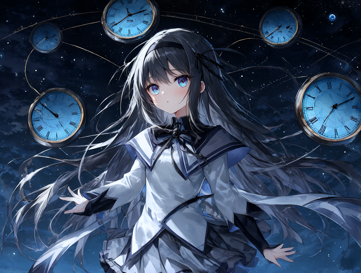 Imagen artística de la personaje Homura Akemi rodeada de elementos de cronología.