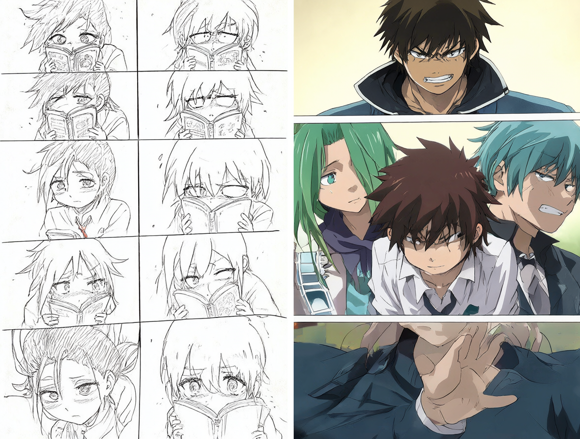 Imagen dividida mostrando las páginas del manga al lado de los personajes del anime.