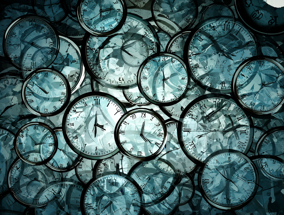 Imagen abstracta con relojes y líneas temporales representando el twist de la historia.