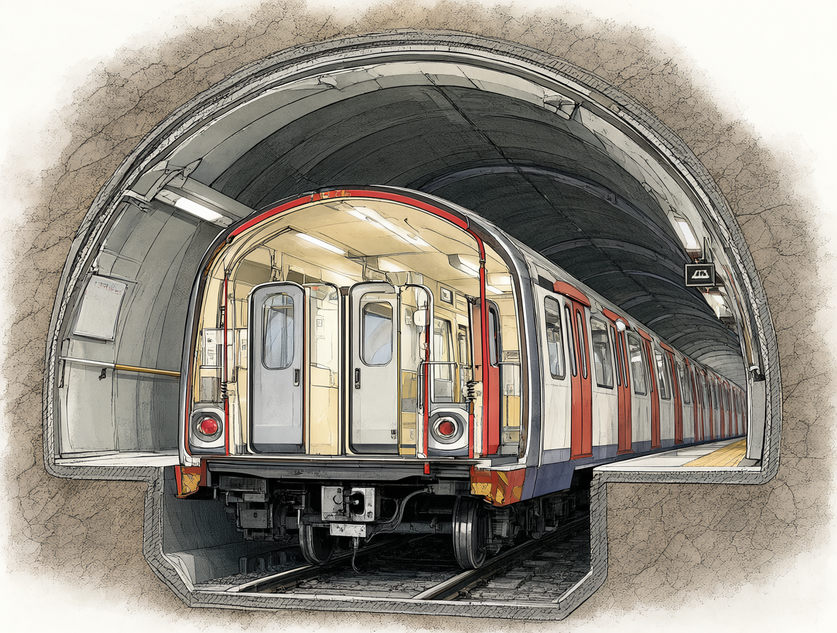 Ilustración comparativa de los túneles profundos y sus dimensiones reducidas en el metro de Londres.