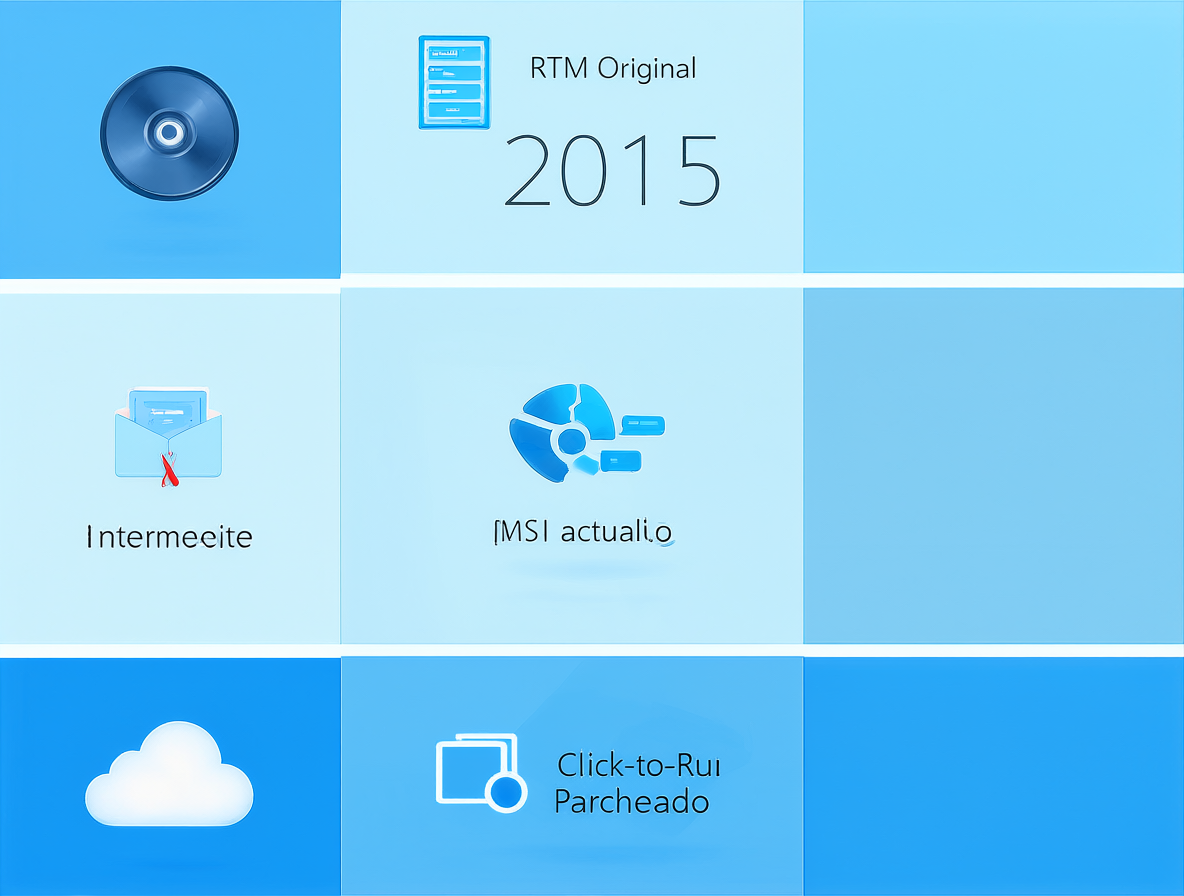 Diagrama técnico mostrando la evolución de Microsoft Office 2016 desde su versión original en 2015 hasta su versión parcheada en octubre de 2025, ilustrando que son programas distintos.