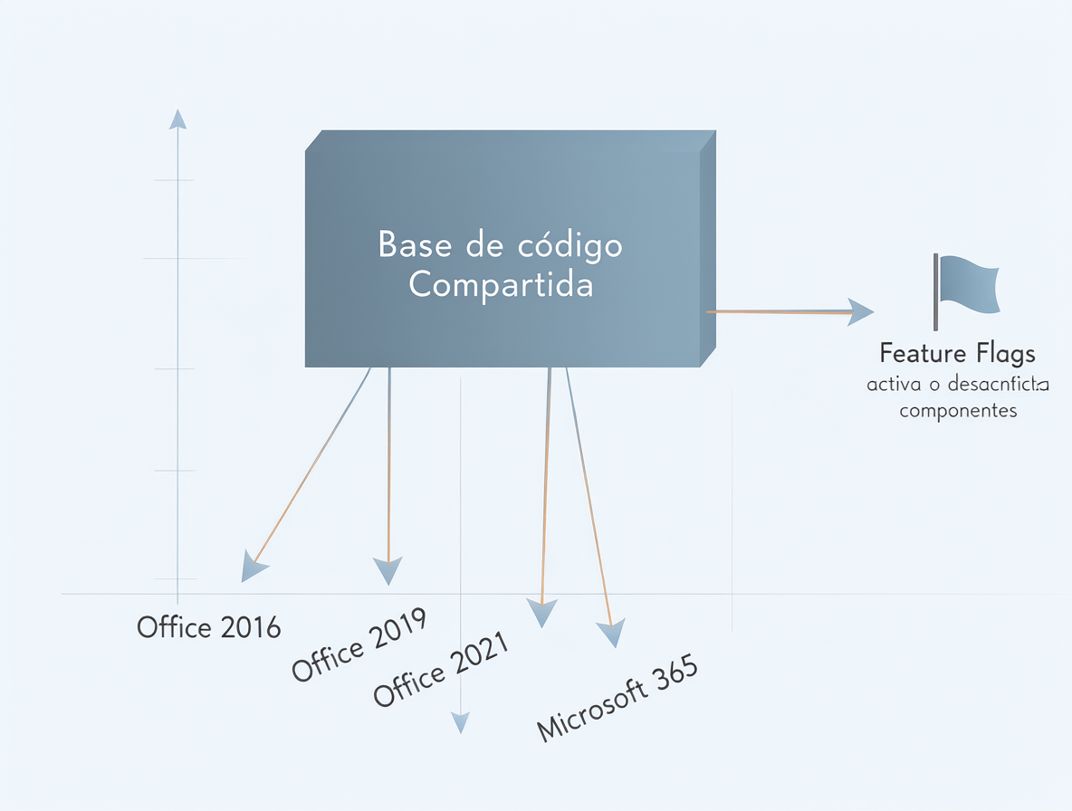 Gráfico esquemático mostrando que Office 2016, 2019, 2021 y Microsoft 365 comparten una misma base de código central, activando funciones diferentes mediante feature flags.