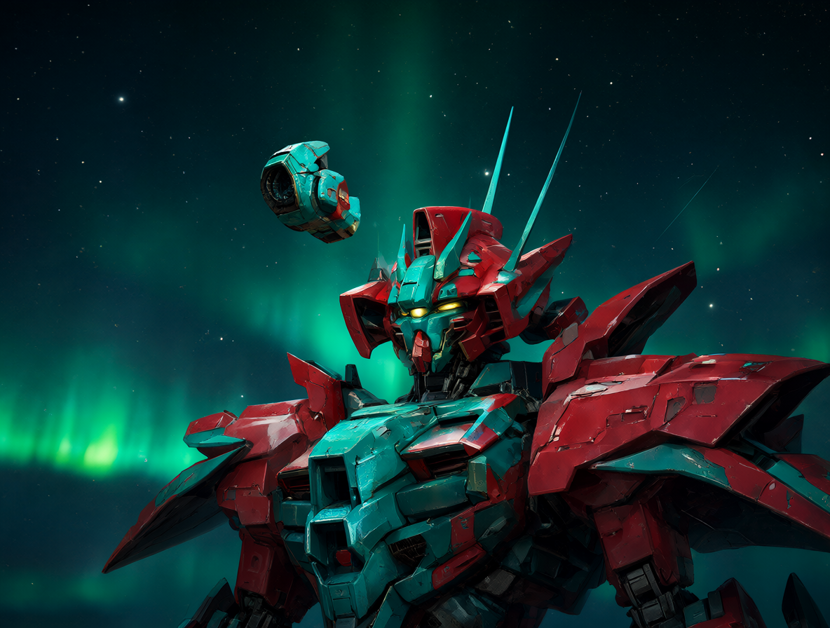 Mecha rojo flotante sobre aurora borealis