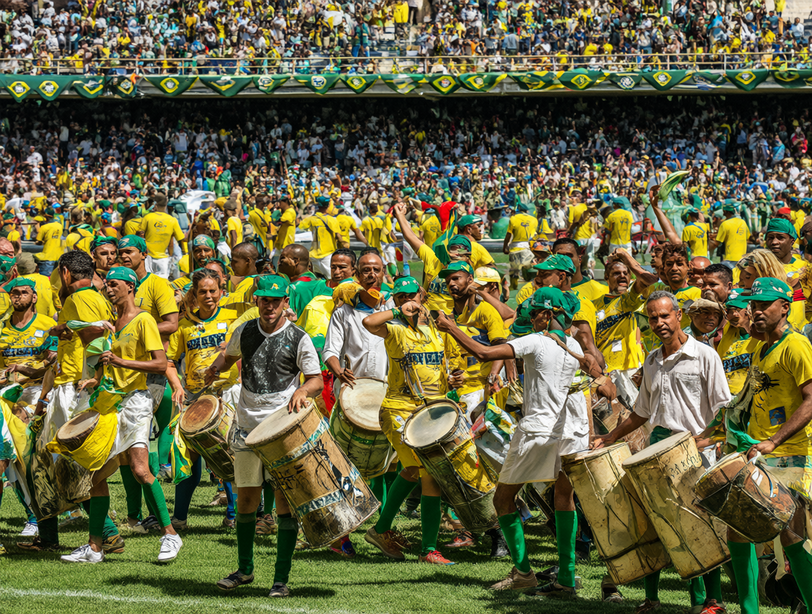 Jugadores de fútbol y multitudes cantando en un estadio lleno de colorido y tambores.
