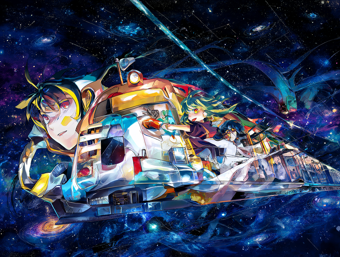 Vista del tren Ginga Tetsudou 999 viajando por el espacio