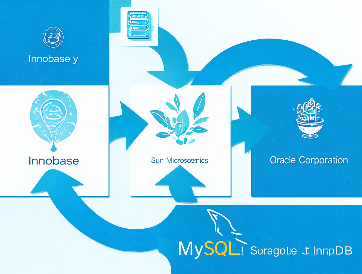 Diagrama mostrando la fusión de empresas tecnológicas entre Innobase Oy, Sun Microsystems y Oracle Corporation para controlar MySQL e InnoDB.