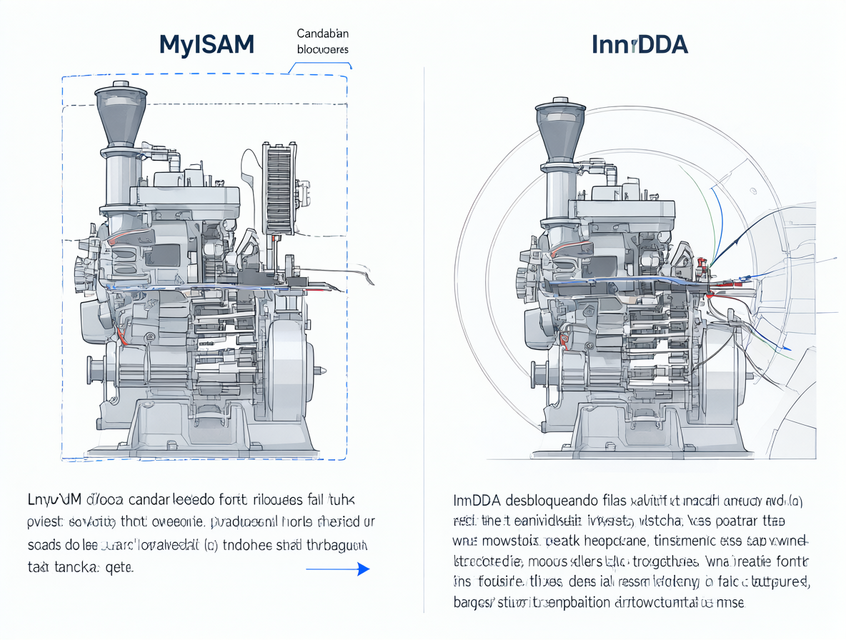 Ilustración técnica mostrando las diferencias en los mecanismos de bloqueo entre los motores de almacenamiento MyISAM e InnoDB.