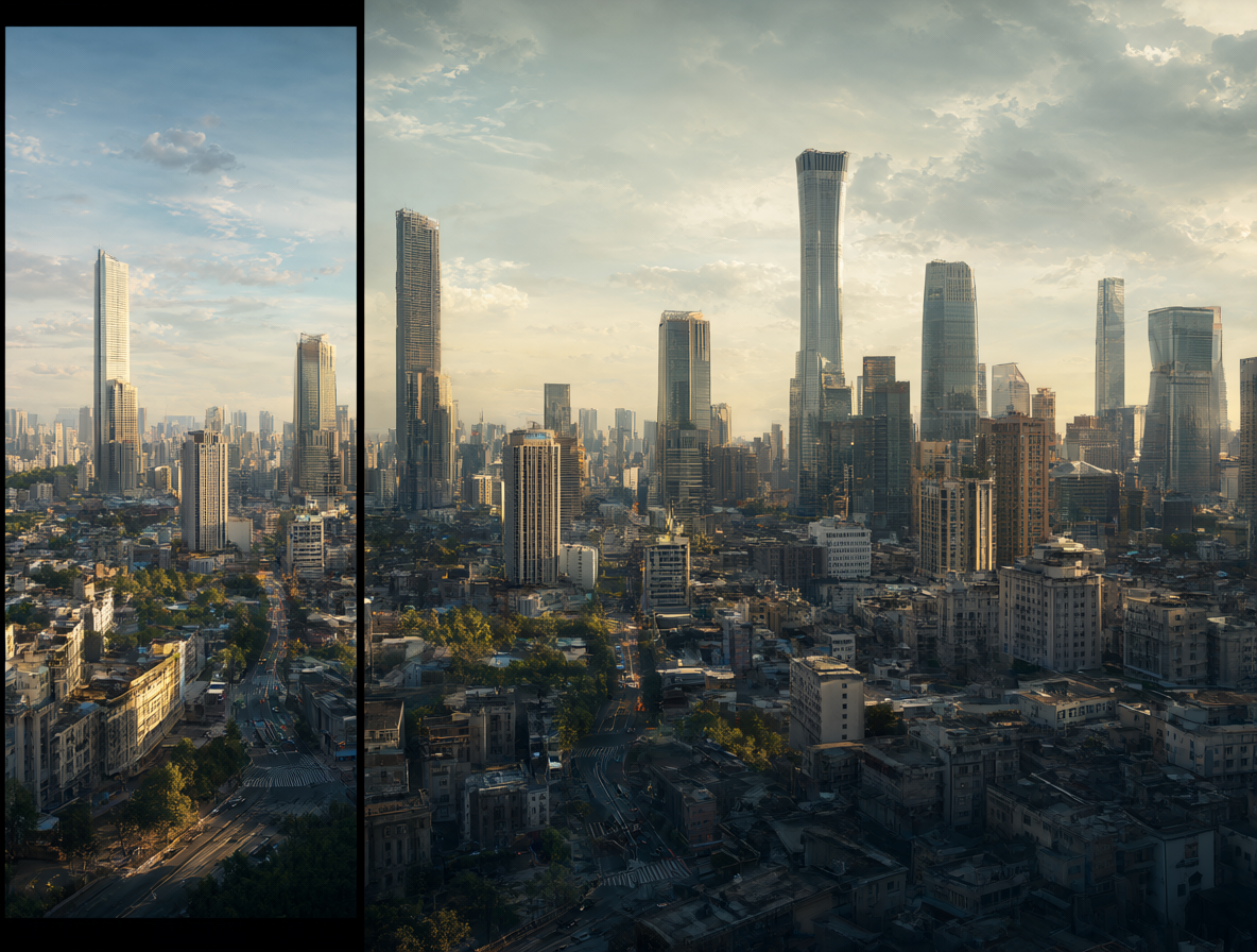 Split-screen view showing an original 9:16 vertical video frame on the left seamlessly expanded into a wide 16:9 cinematic format using outpainting technology in a digital interface.