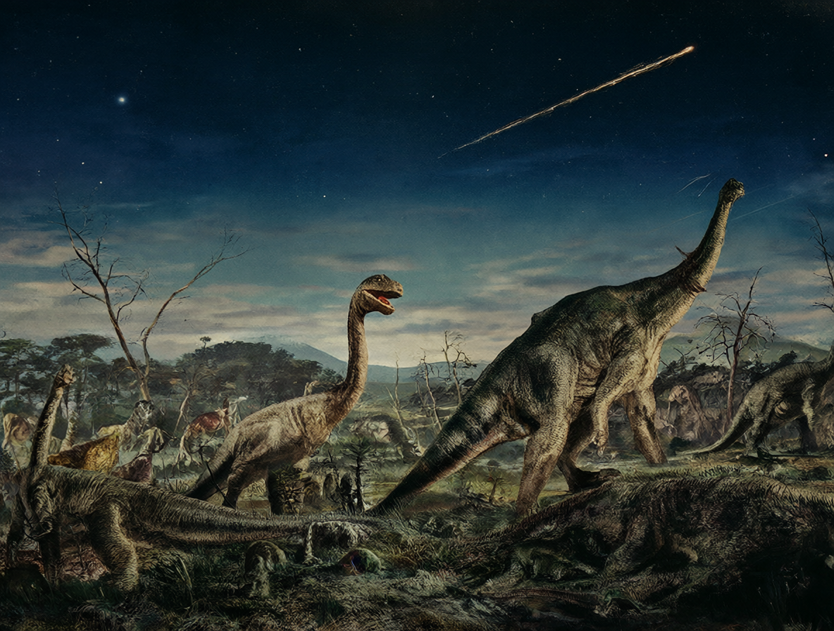 Portada del filme Valley of the Dragons de 1961 mostrando un paisaje prehistórico con dinosaurios y un cometa en el cielo.