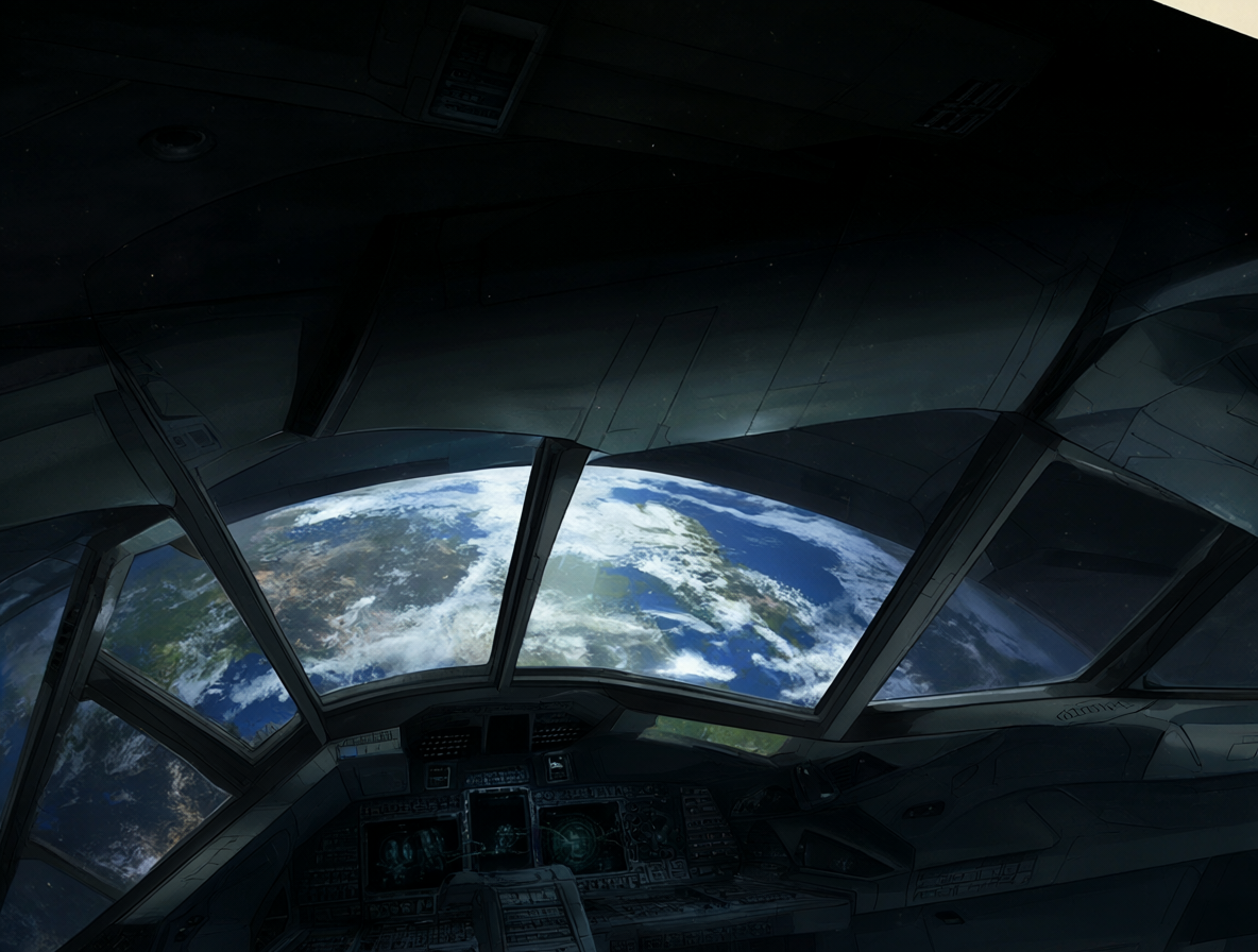 Vista cinematográfica del interior de una nave espacial futurista con la Tierra visible al fondo, ilustrando las distancias cósmicas y el aislamiento emocional central en este anime de 2002.