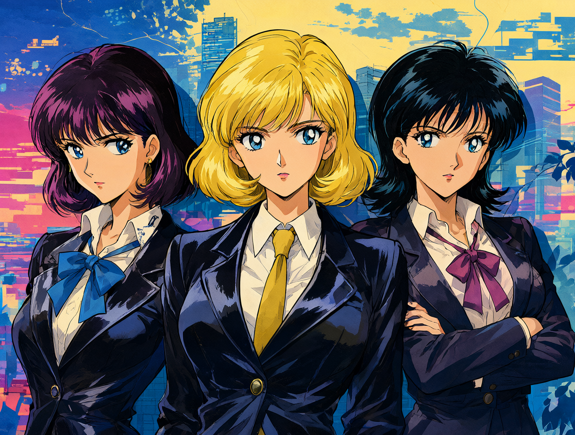 A vibrant key visual of the three Kisugi sisters from the modern Cat's Eye anime adaptation.