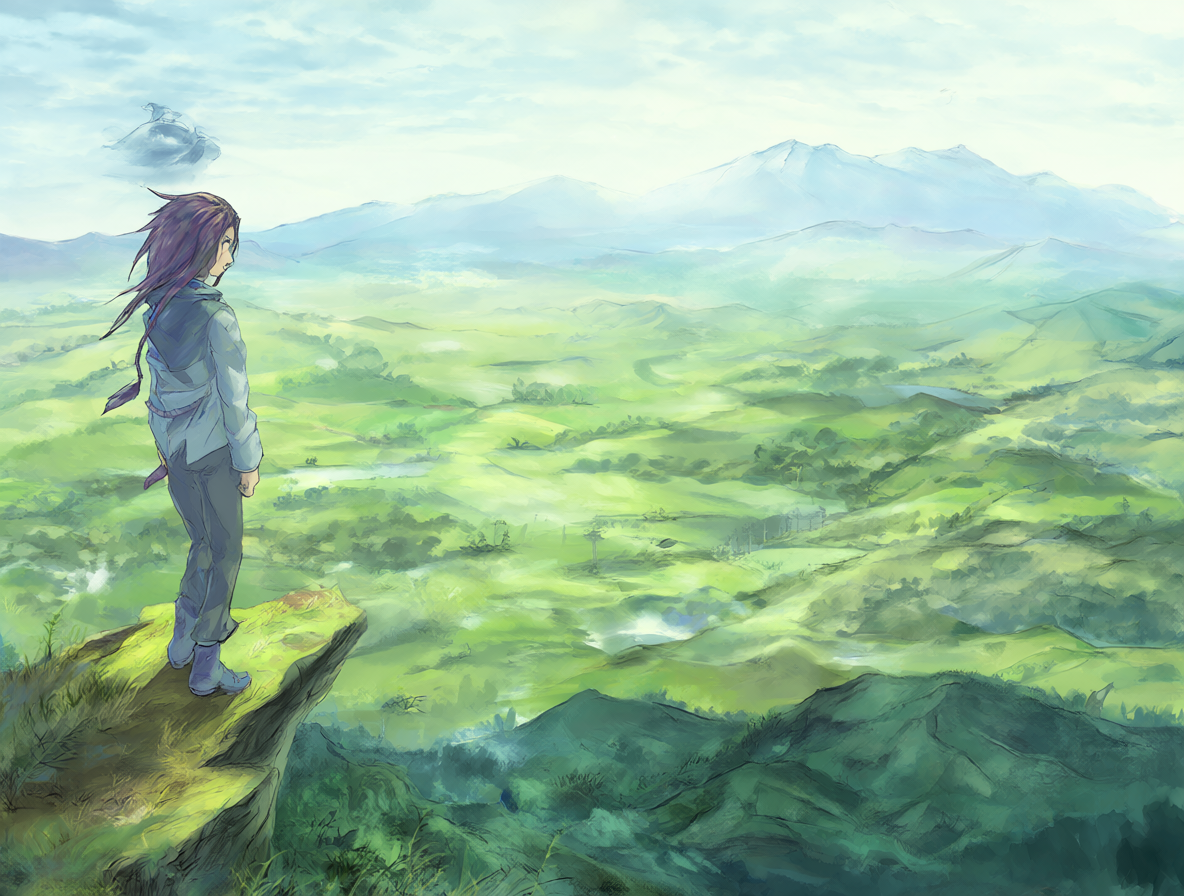 Protagonist from the anime looking over a scenic fantasy landscape
