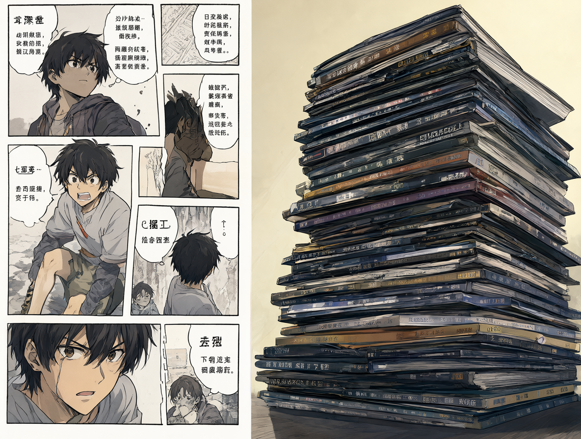 Small comic page beside a large pile of game discs