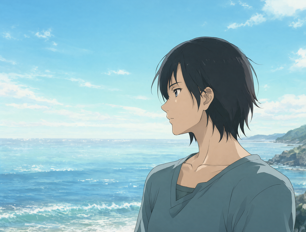 Retrato de Fū Sawatari en un paisaje costero, mirando hacia el horizonte con calma pero determinación.