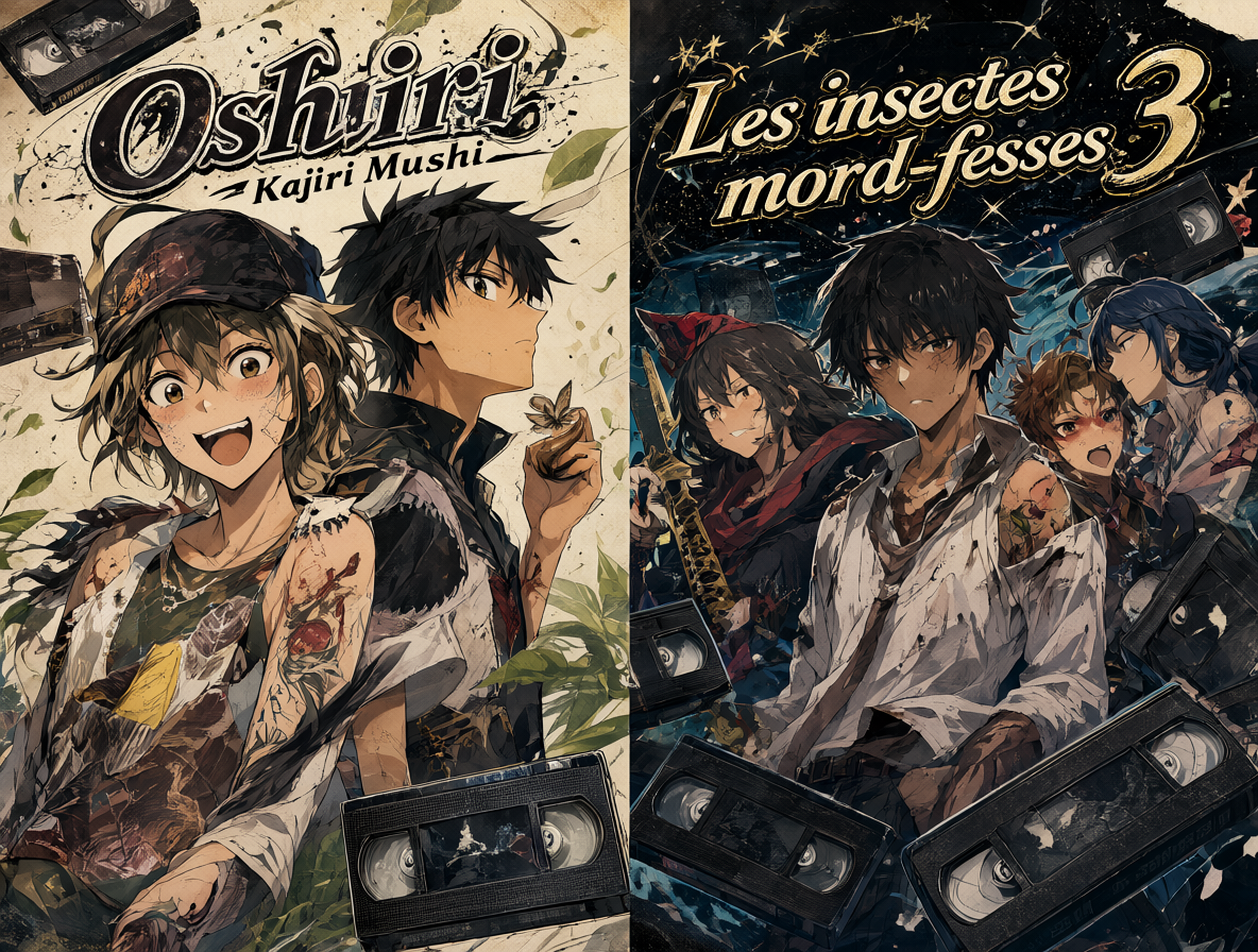 Ilustración comparativa entre el título original japonés de la serie y su versión en fansub francés.