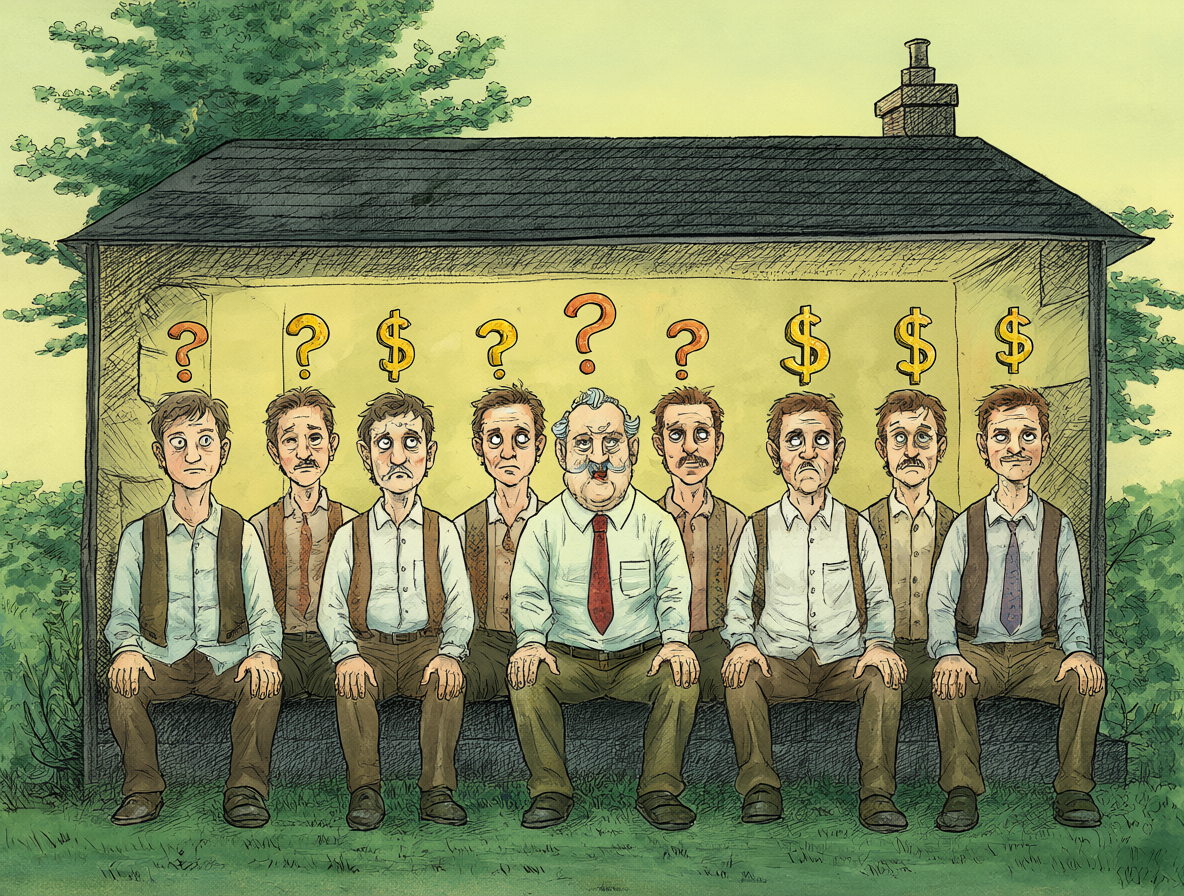 Ilustración de una casa con doce hombres y símbolos flotantes