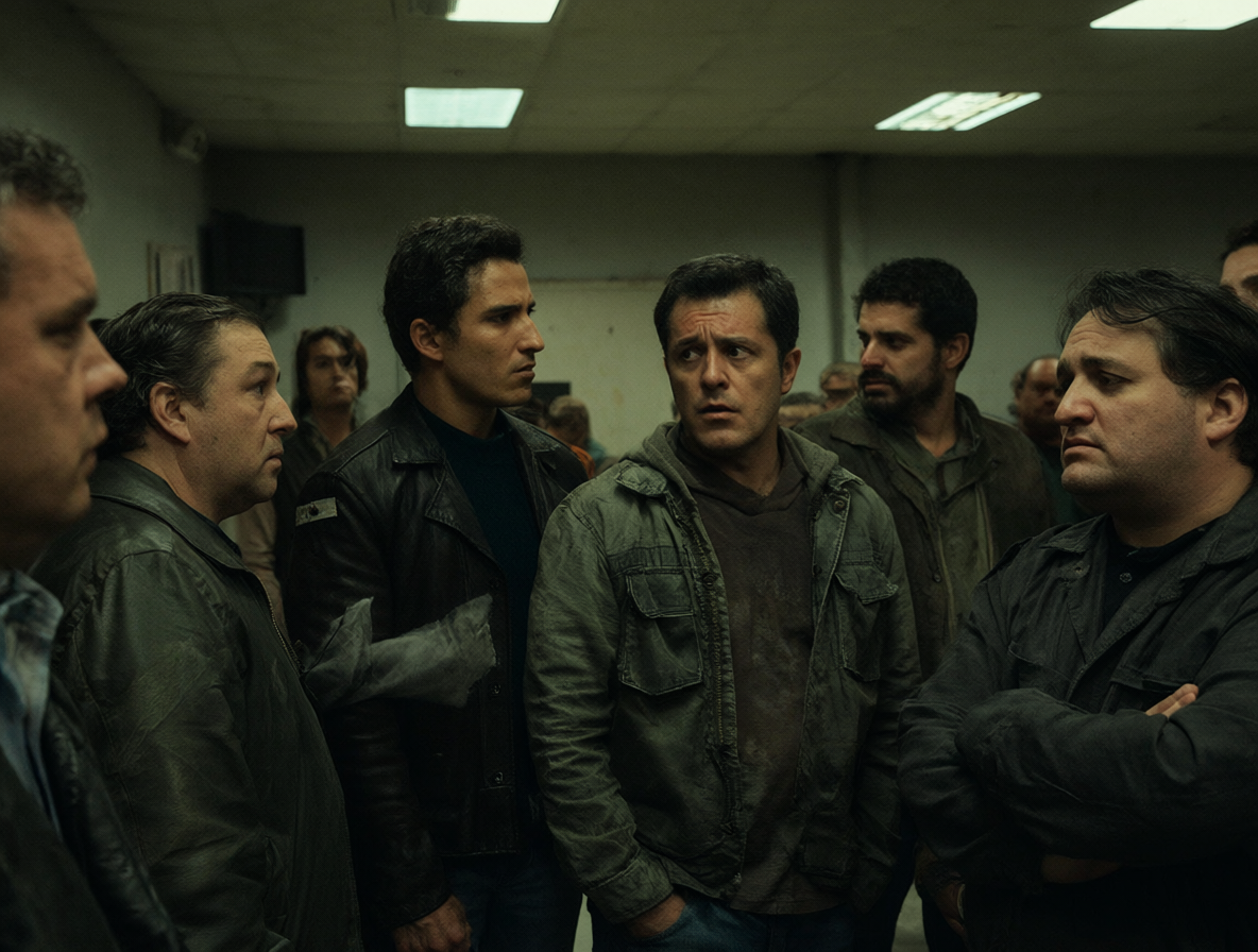 Grupo de hombres votando y discutiendo