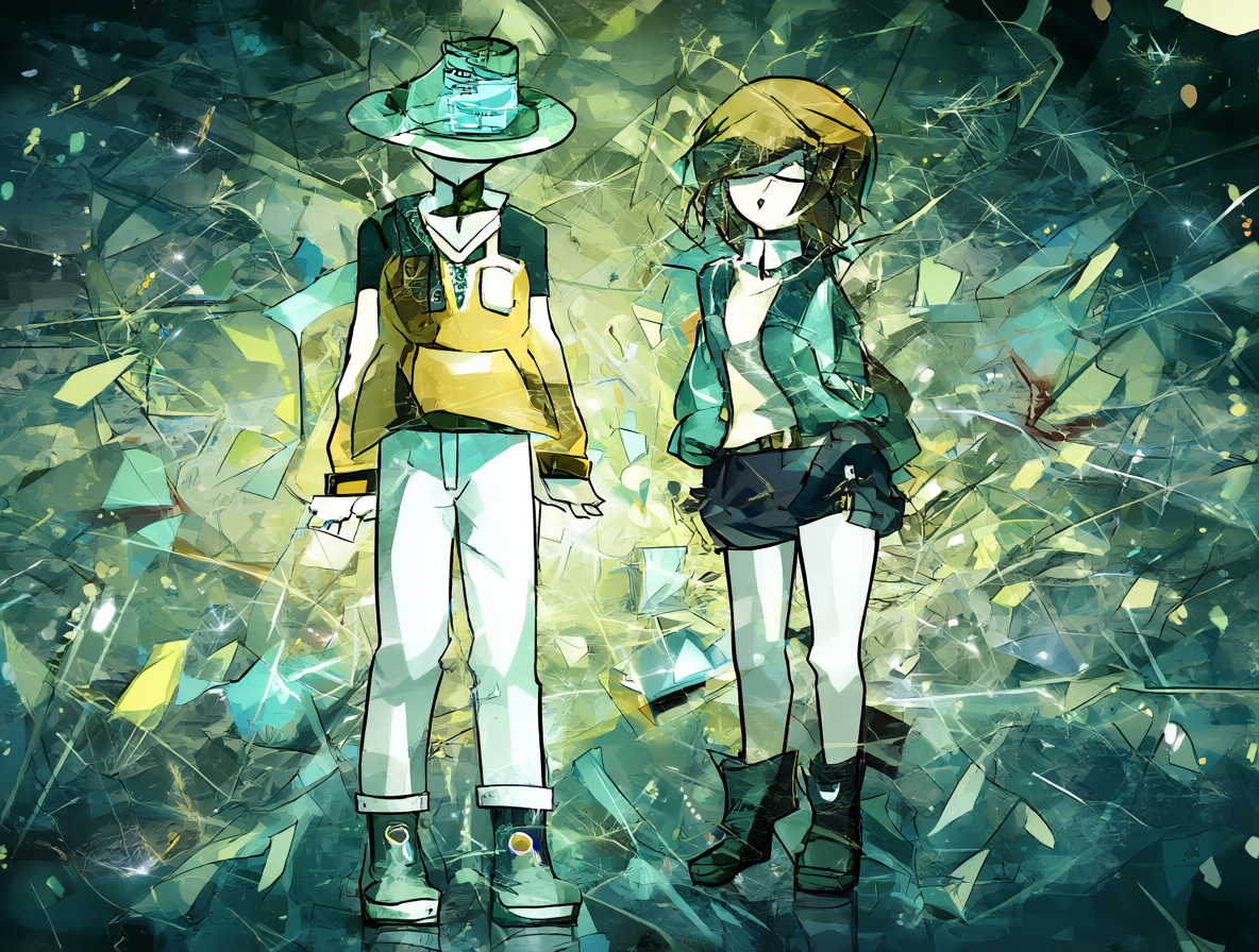 Dos figuras humanas abstractas representando diferentes tipos de cruces en el anime, con un fondo geométrico brillante.