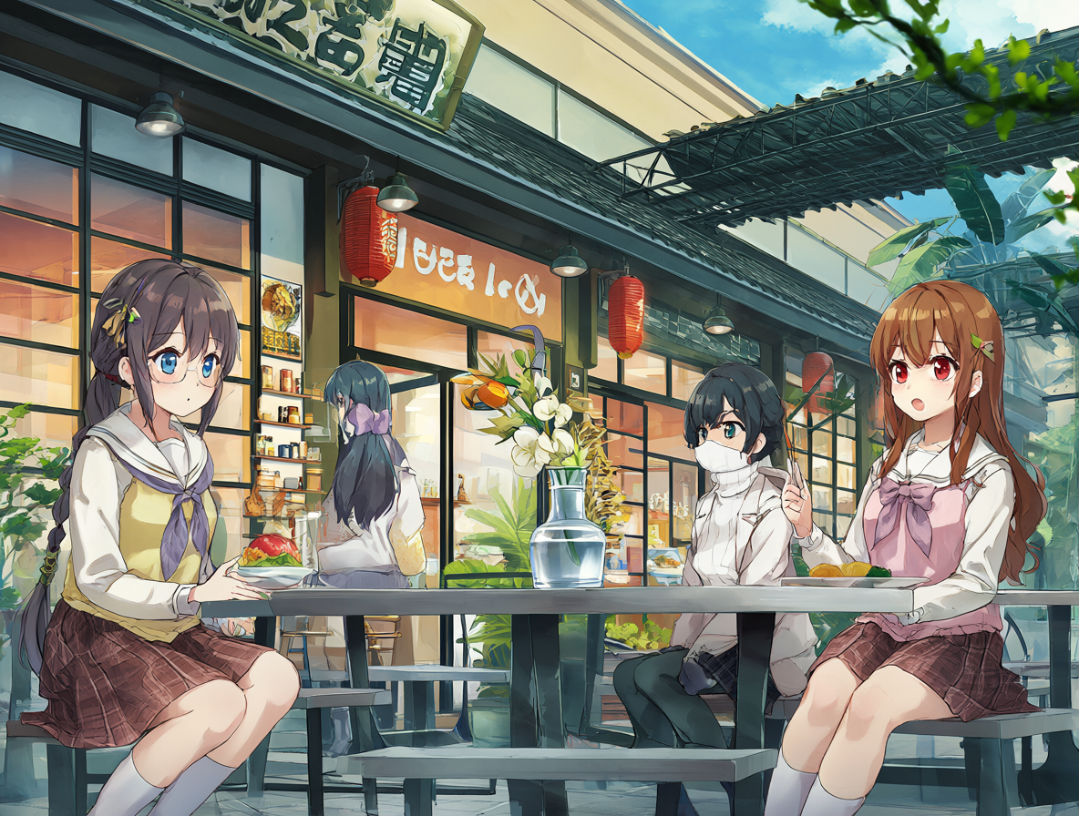 Escena del anime Food Court de Mata Ashita con las protagonistas