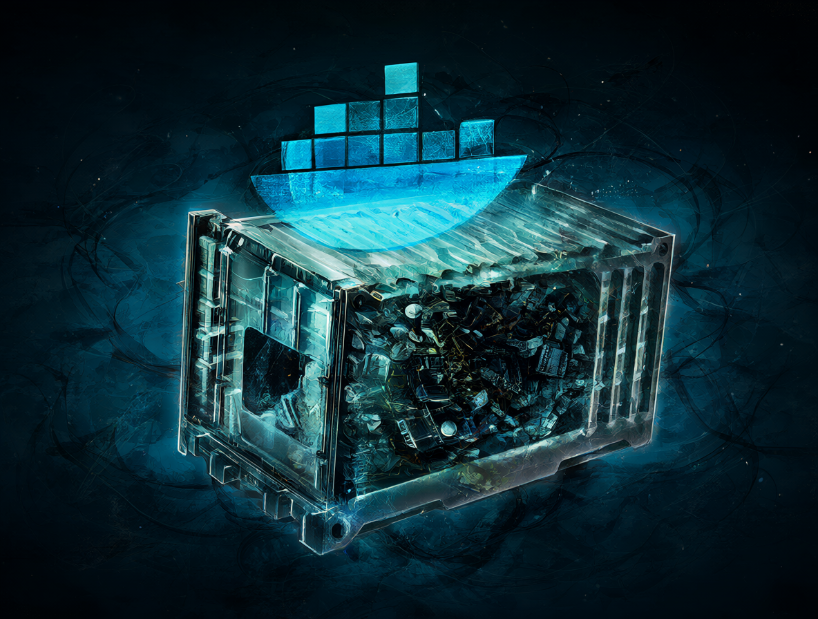 Representación visual de Docker como solución mágica a fallos de entorno y dependencias.