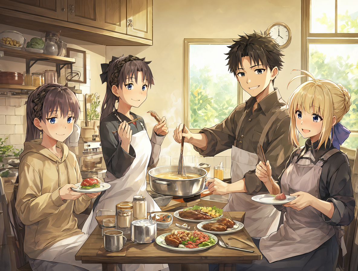 Ilustración del anime Fate Emiya-san Chi Gohan mostrando a Shirou cocinando con Saber y Rin en una atmósfera relajada.