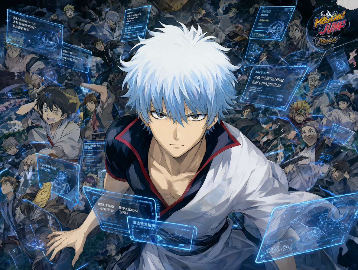 Ilustración de Gintoki rodeado de referencias metarreferenciales y elementos de producción