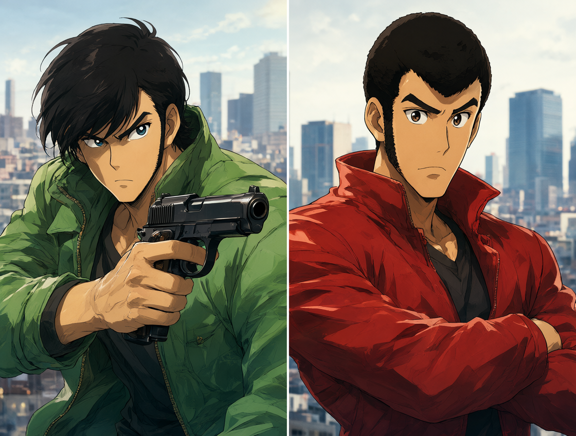 Yasuo en chaqueta verde enfrentándose al Lupin clásico con chaqueta roja sobre un fondo de Tokio.