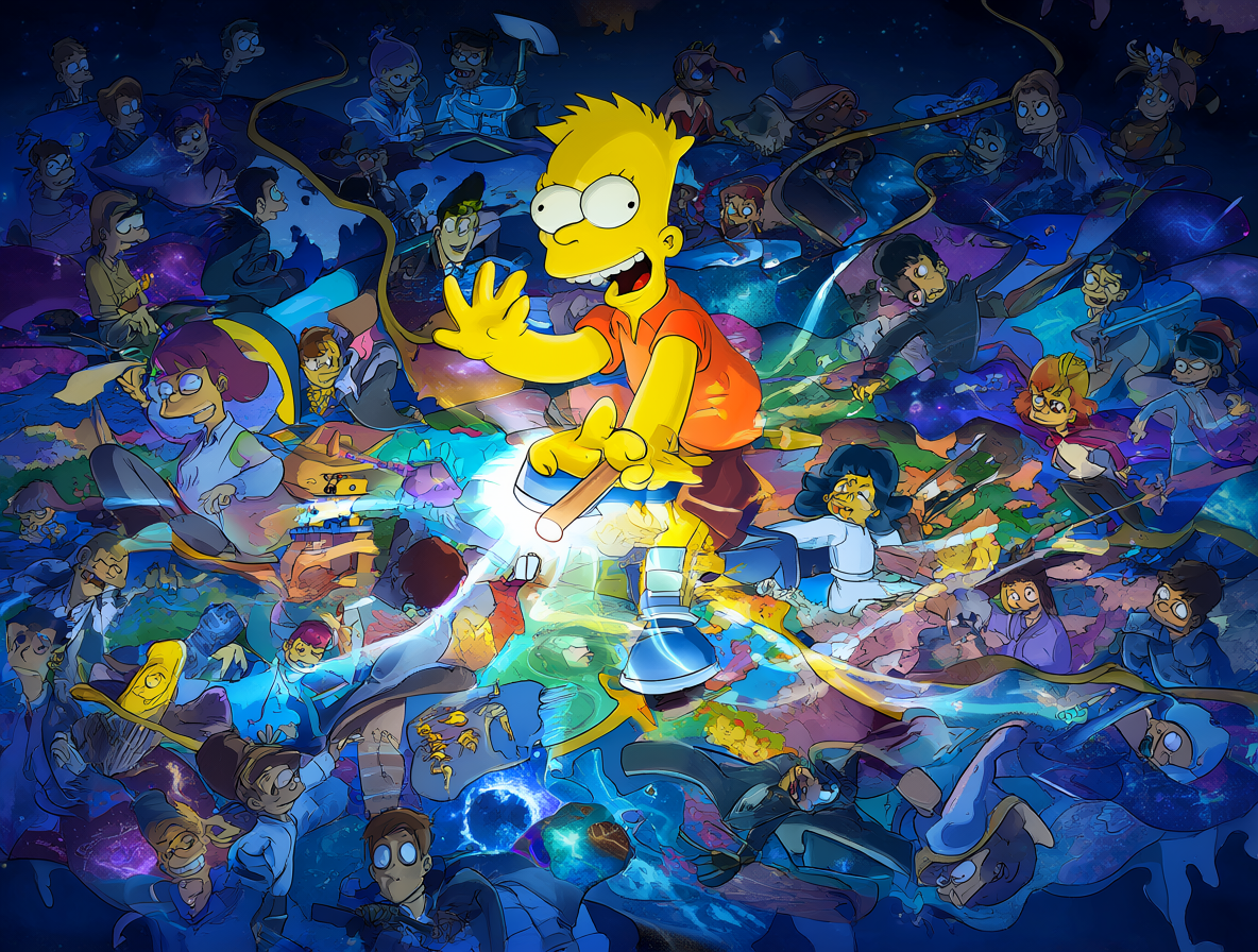 Timmy con una varita brillante sobre un mapa de universos mezclados con personajes de anime y cómic.