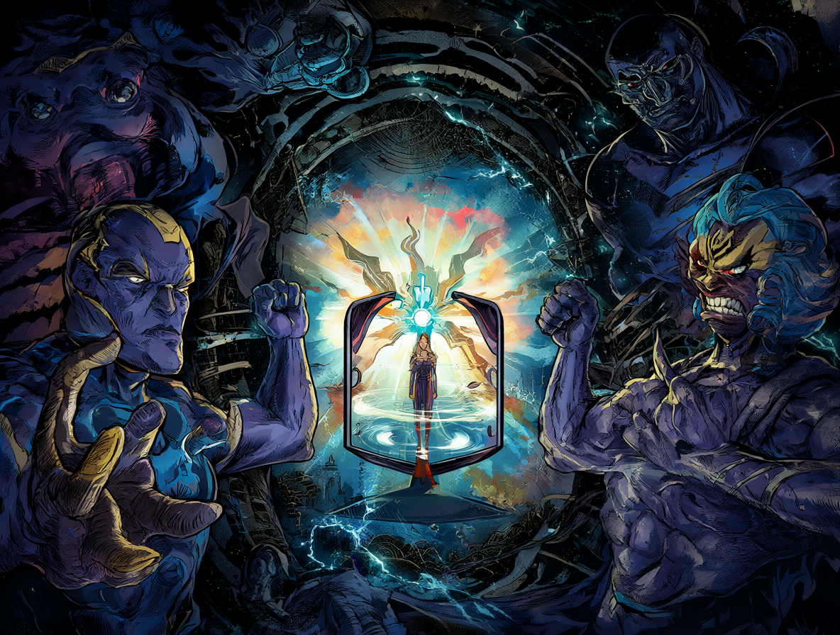 Mapa conceptual de un universo de cómics mostrando la interacción entre una figura humana y entidades cósmicas como Darkseid y Mxyzptlk