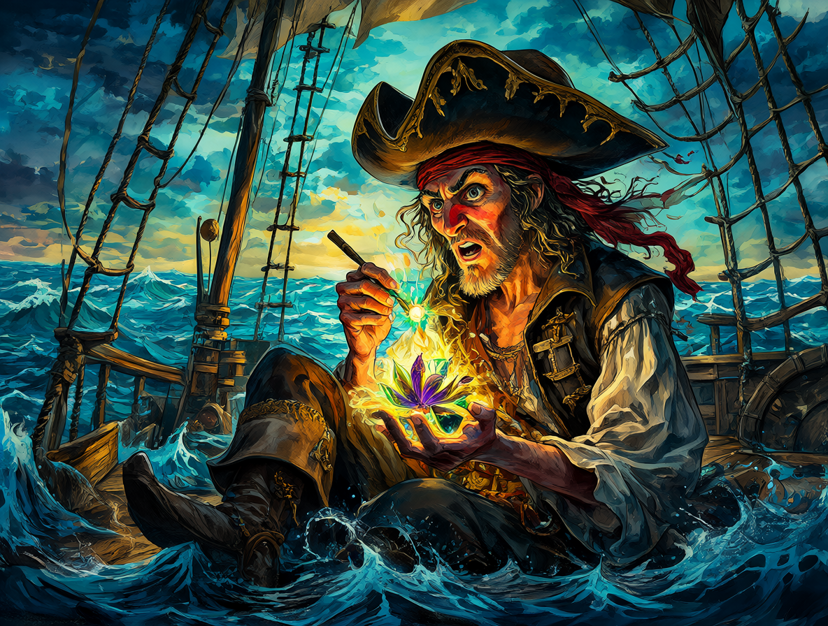 Un personaje pirata a punto de consumir una fruta brillante en medio del océano.