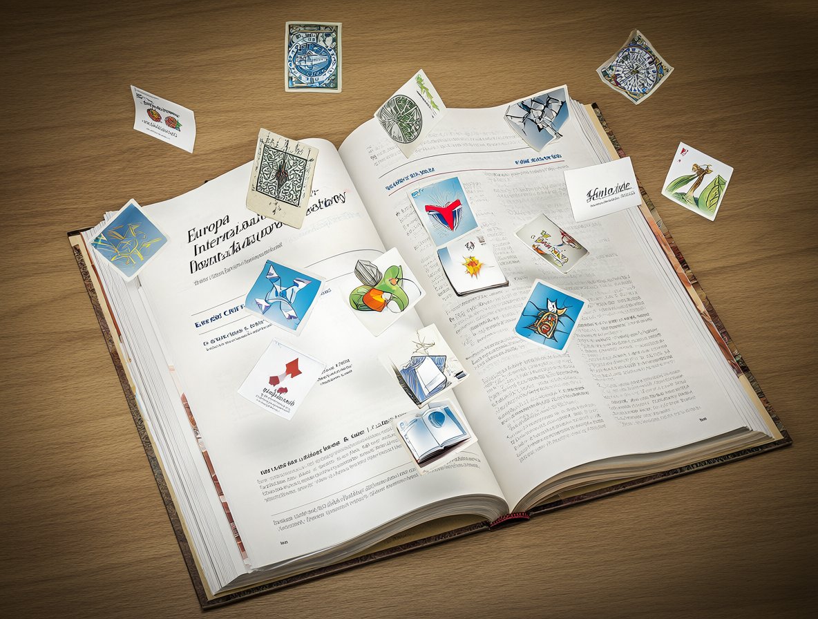 Libro grueso de referencia sobre una mesa con logos de instituciones flotando alrededor