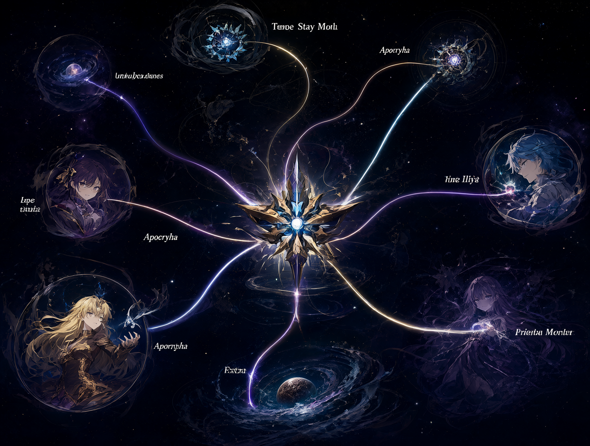 Diagrama de un árbol genealógico mostrando ramificaciones entre diferentes historias de anime