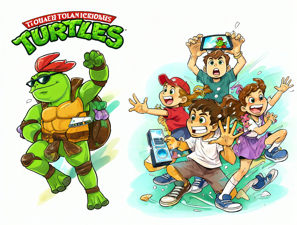 Ilustración contrastando los iconos culturales del pasado con los juegos de la generación actual.