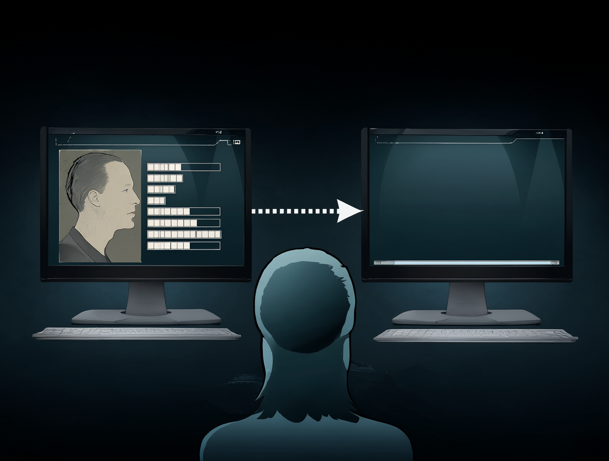 Ilustración de dos perfiles digitales separados por una flecha que representa el intento de traspaso de datos entre usuarios.