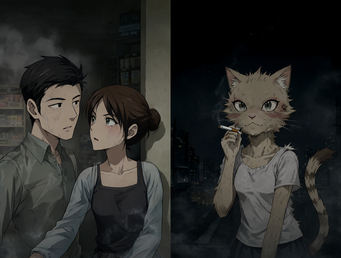Dos escenas de anime: una pareja conversando íntimamente detrás de un supermercado y una chica gato fumadora.